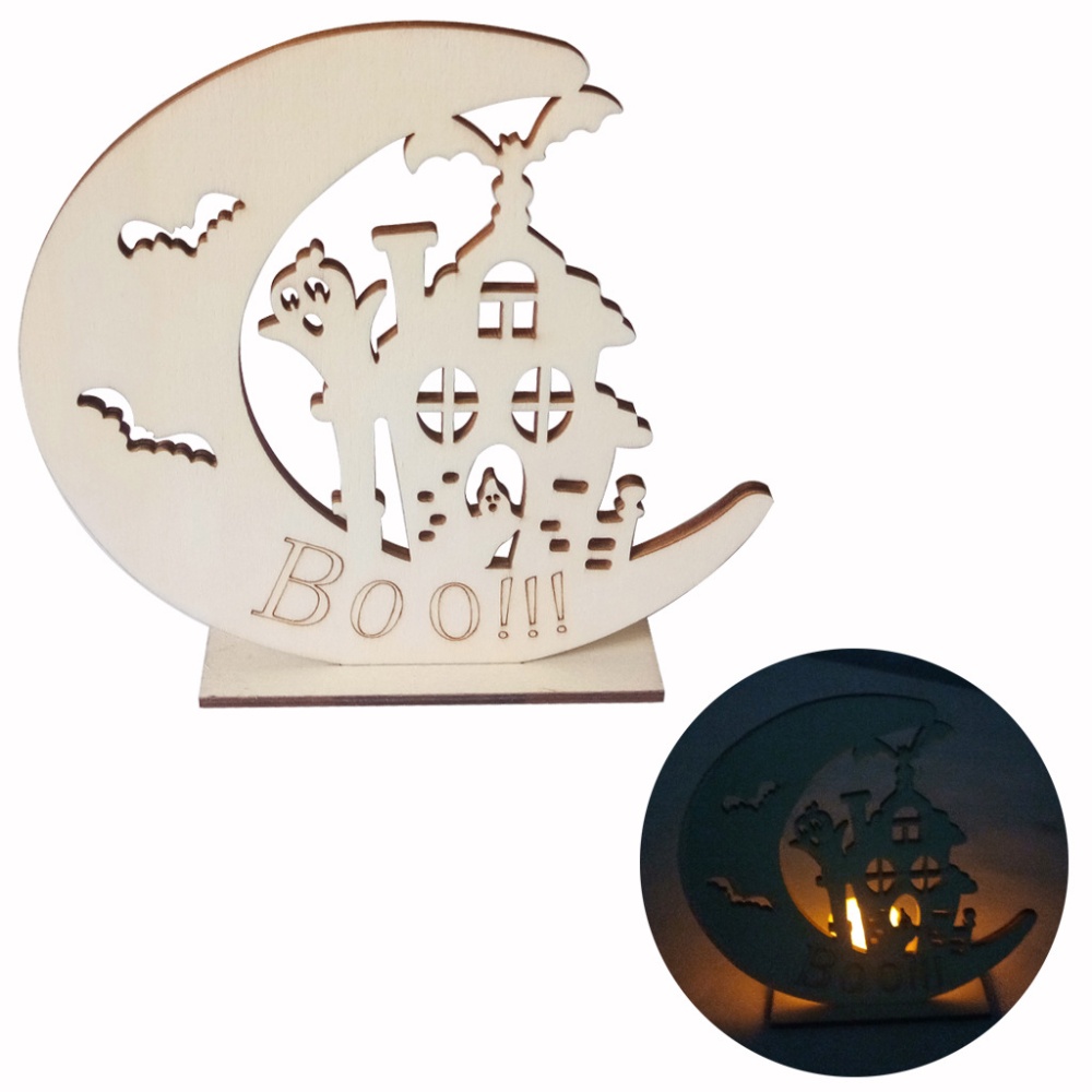 LED Wooden Candle Light DIY Moon Pumpkin Man/Tombstone/Ghost House Ornament for Halloween Party JM01653