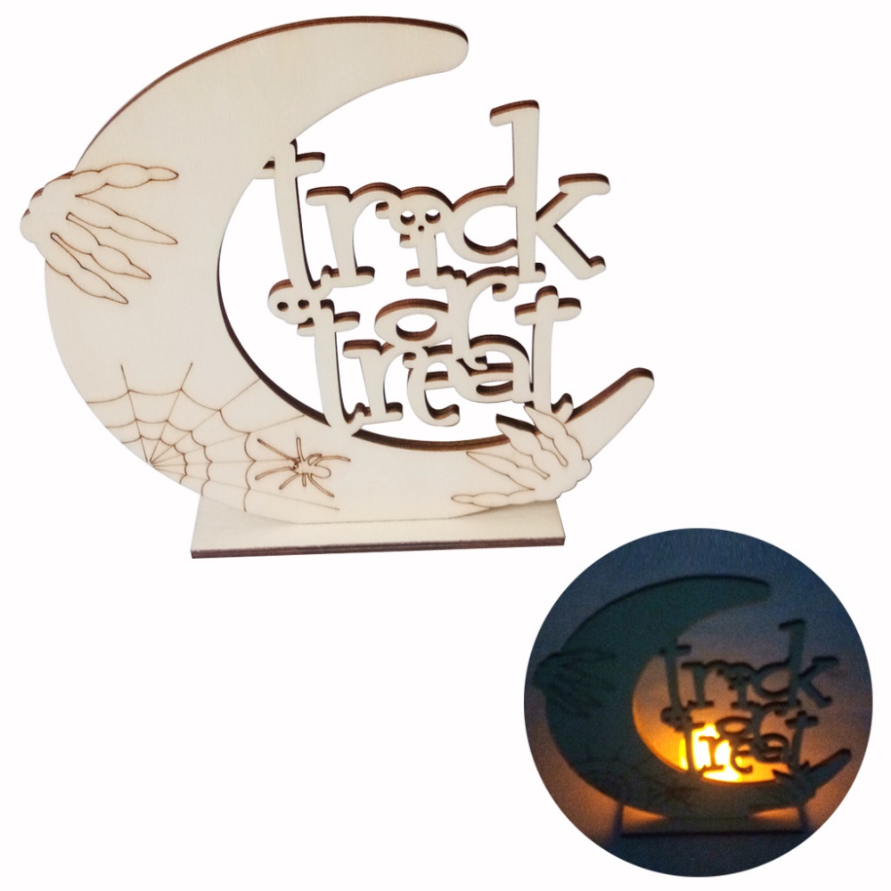 LED Wooden Candle Light DIY Moon Pumpkin Man/Tombstone/Ghost House Ornament for Halloween Party JM01652