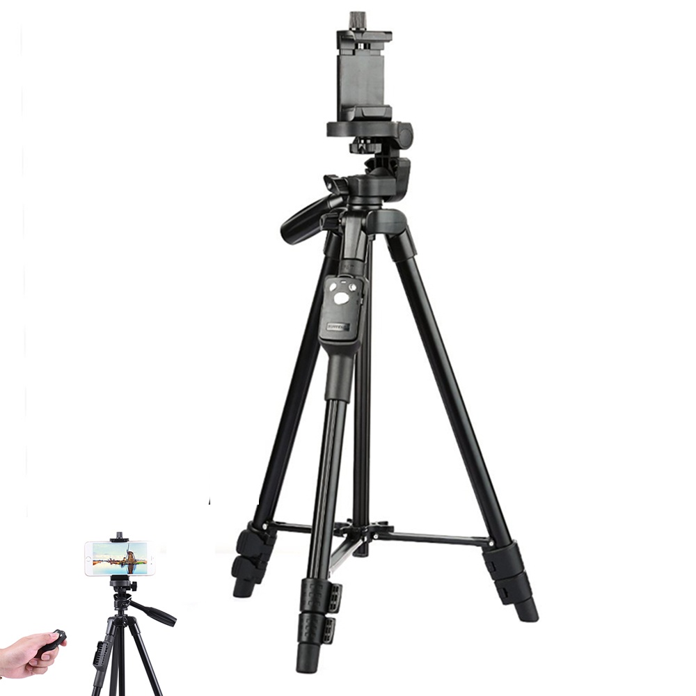 YUNTENG 5208 Selfie Video Aluminum Tripod with 3-Way Head & Bluetooth Remote for Camera Phone Holder Clip 0.9 Black - Image 2