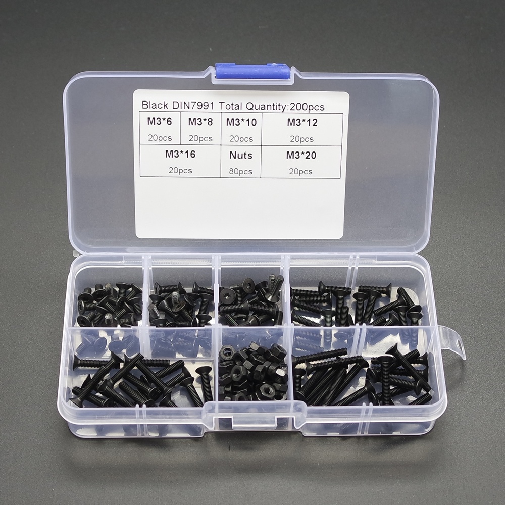 200PCS M3 * 6/8/10/12/16/20 Hexagon Socket Head Cap Screw Nut Set Countersunk black - Image 2