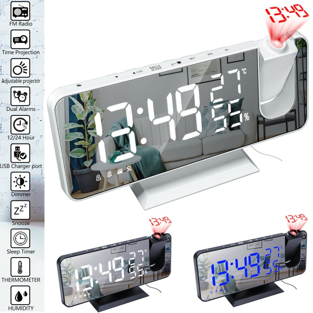 7.5-inch Led Digital Projector Projection Snooze 2 Alarm Clock Fm Radio Timer Black and white - Image 2