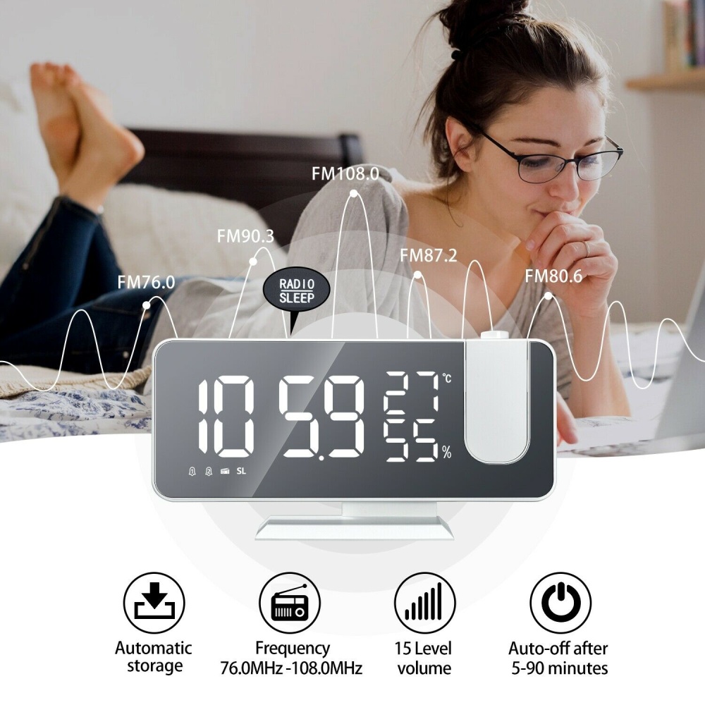 7.5-inch Led Digital Projector Projection Snooze 2 Alarm Clock Fm Radio Timer Black and white - Image 3