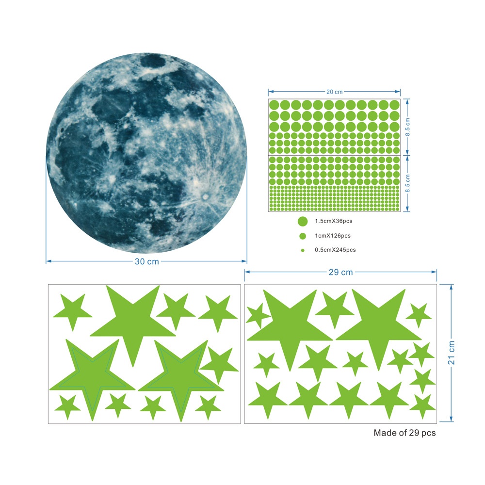 Luminous Moon Stars Wall Stickers for Kids Room Baby Nursery Home Decoration Decals Glow in the Dark Bedroom Ceiling 30cm+3259+3255