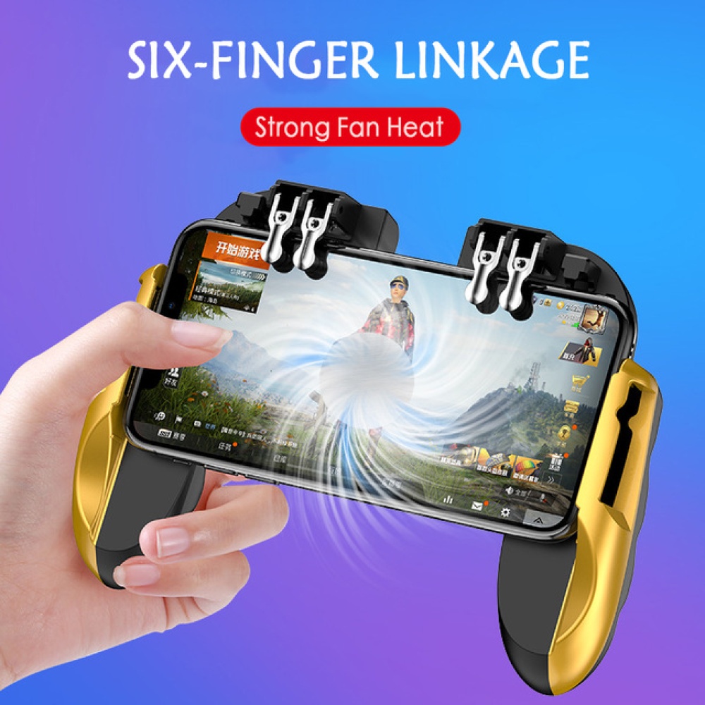 for PUBG Mobile Game Controller Trigger Fire Button Six Finger with Cooler Holder iPhone Android Smart Phone Gold