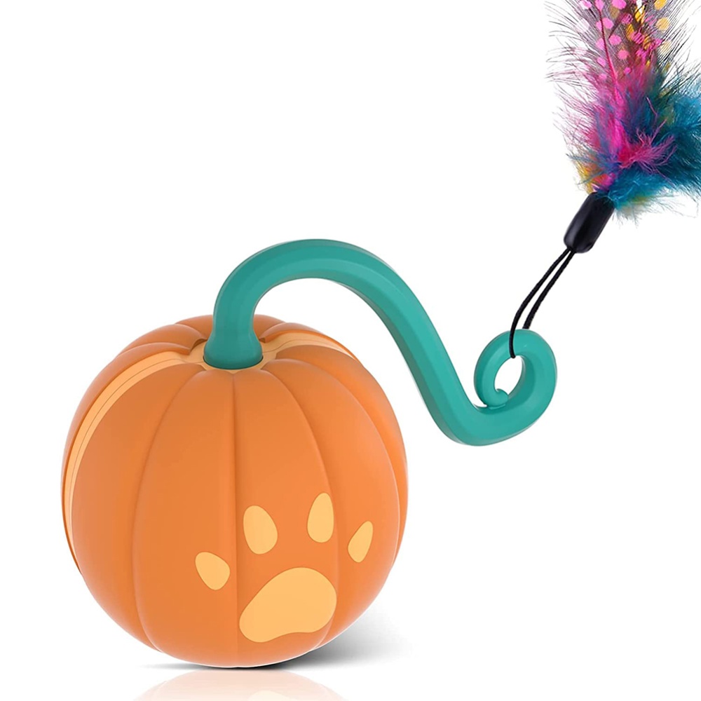 Cat 2-speed Interactive Toys Ball with Led Light 3pcs Feathers Type-c Charging Built-in 500mah Battery Pumpkin - Image 2