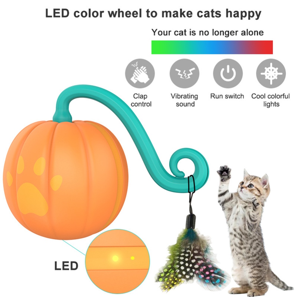 Cat 2-speed Interactive Toys Ball with Led Light 3pcs Feathers Type-c Charging Built-in 500mah Battery Pumpkin - Image 3