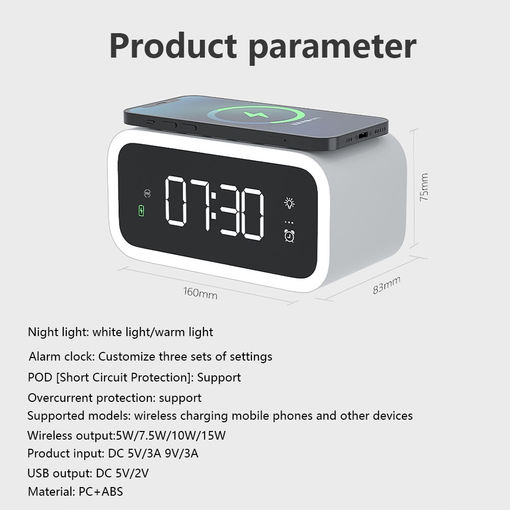 Wireless Fast Charging Luminous Mini Alarm Clock Large Led Screen Displays Memory Function For Bedroom Dining Room Study Office White - Image 3