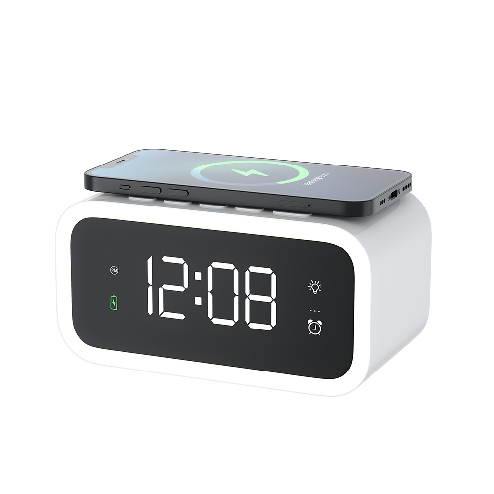 Wireless Fast Charging Luminous Mini Alarm Clock Large Led Screen Displays Memory Function For Bedroom Dining Room Study Office White - Image 2