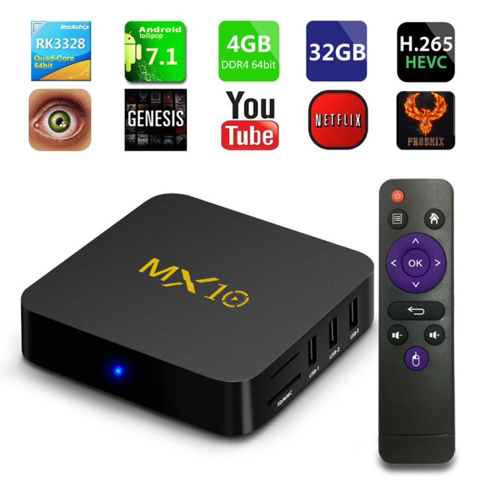MX10 Smart TV BOX Android 8.1 RK3328 Set-top Box 4K HDR H.265 Media Player 4GB+32GB prise américaine