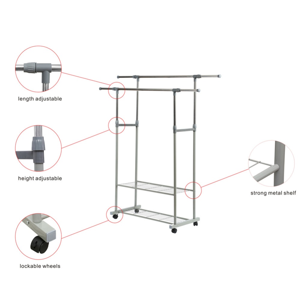 Scalable Clothes Hanger Metal Coat Rack with Wheels for Clothing Drying gray - Image 2