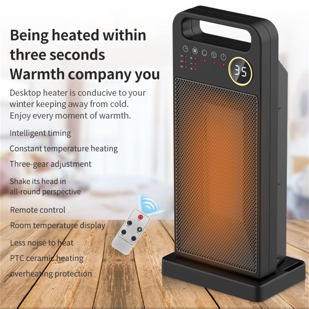 Electric Heater with Remote Control 90 Degree Wide Range 3 Modes Low Noise Black EU Plug