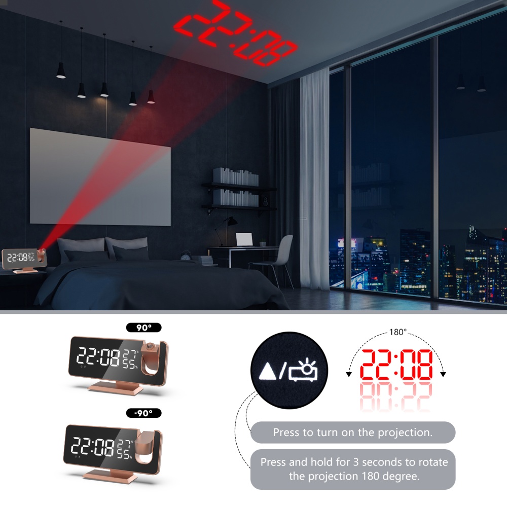 7.5 Inch Projection Alarm Clock Fm Radio Timer With Snooze Led Digital Double Projector Rose gold - Image 3