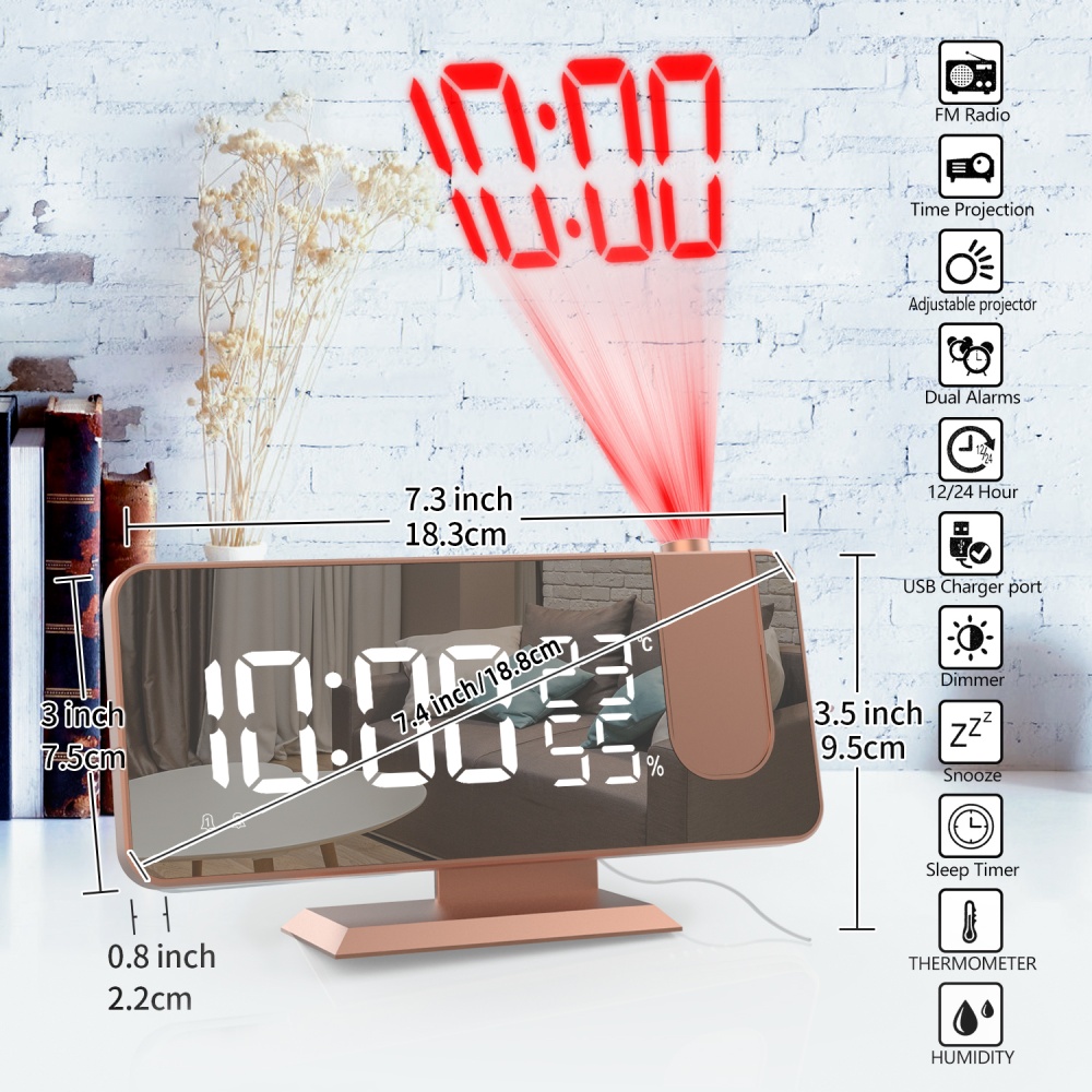 7.5 Inch Projection Alarm Clock Fm Radio Timer With Snooze Led Digital Double Projector Rose gold - Image 2