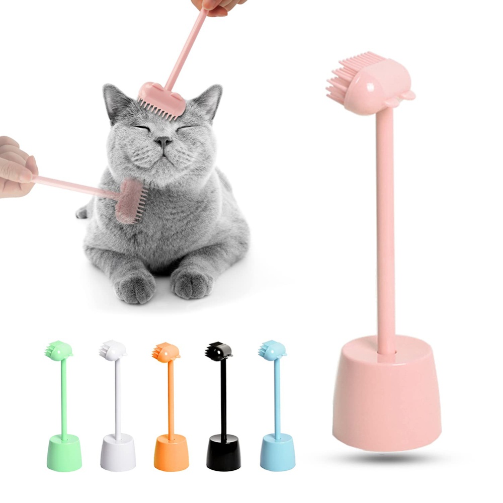 2-in-1 Cat Hair Removal Brush Cute Ear Shape Grooming Comb Massager Toys with Display Stand White - Image 2