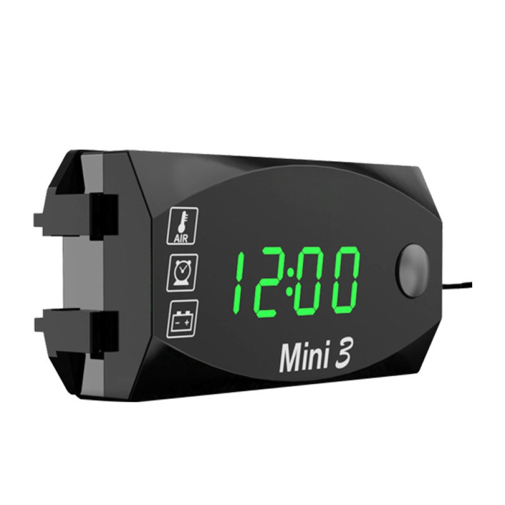 Digital Time Clock Thermometer Voltmeter 3-in-1 Led Electronic Watch 12v Ip67 Waterproof Green Light