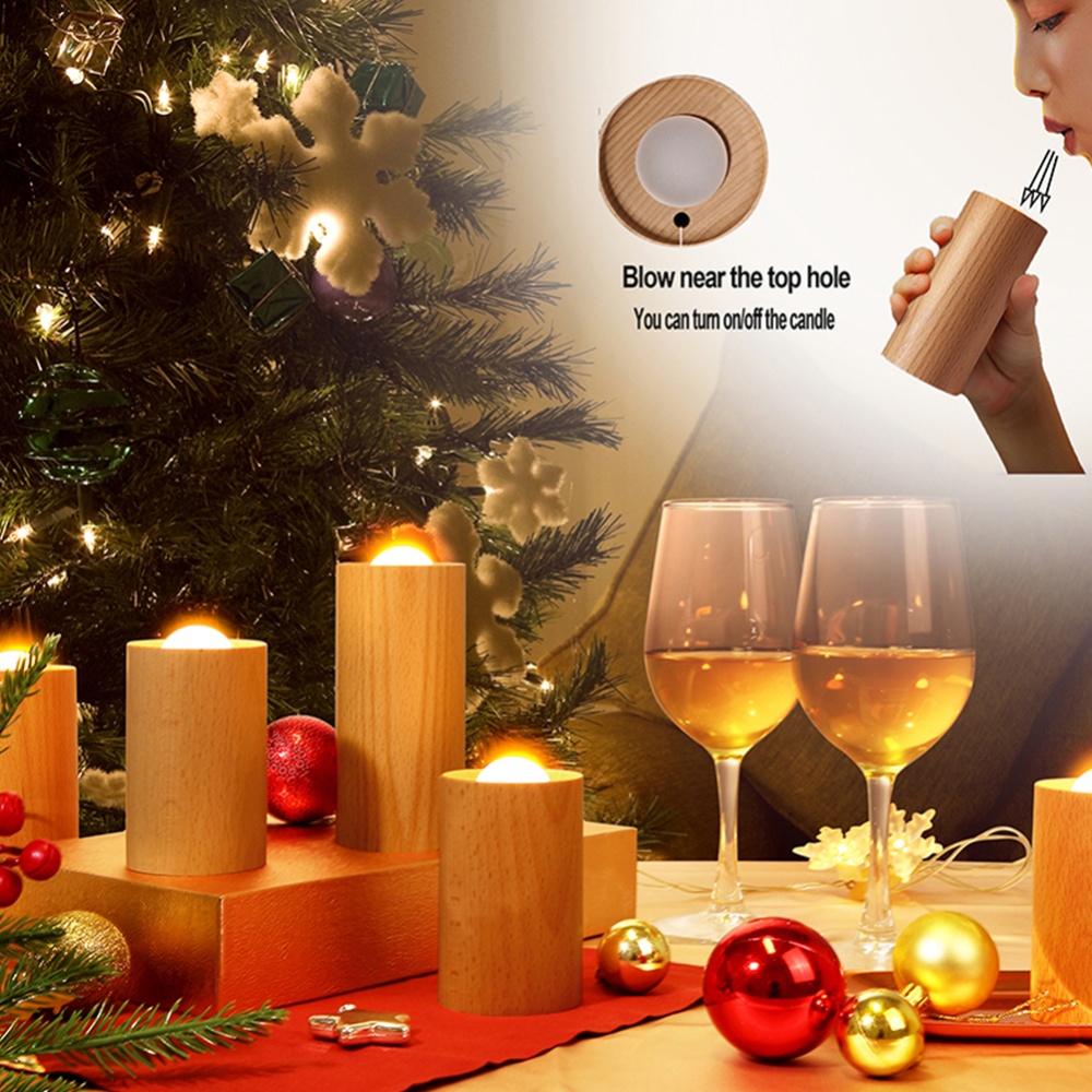 Wooden Candle Light Usb Rechargeable Air Blowing Lamp Led Night for Home Bedroom Decoration short style - Image 3