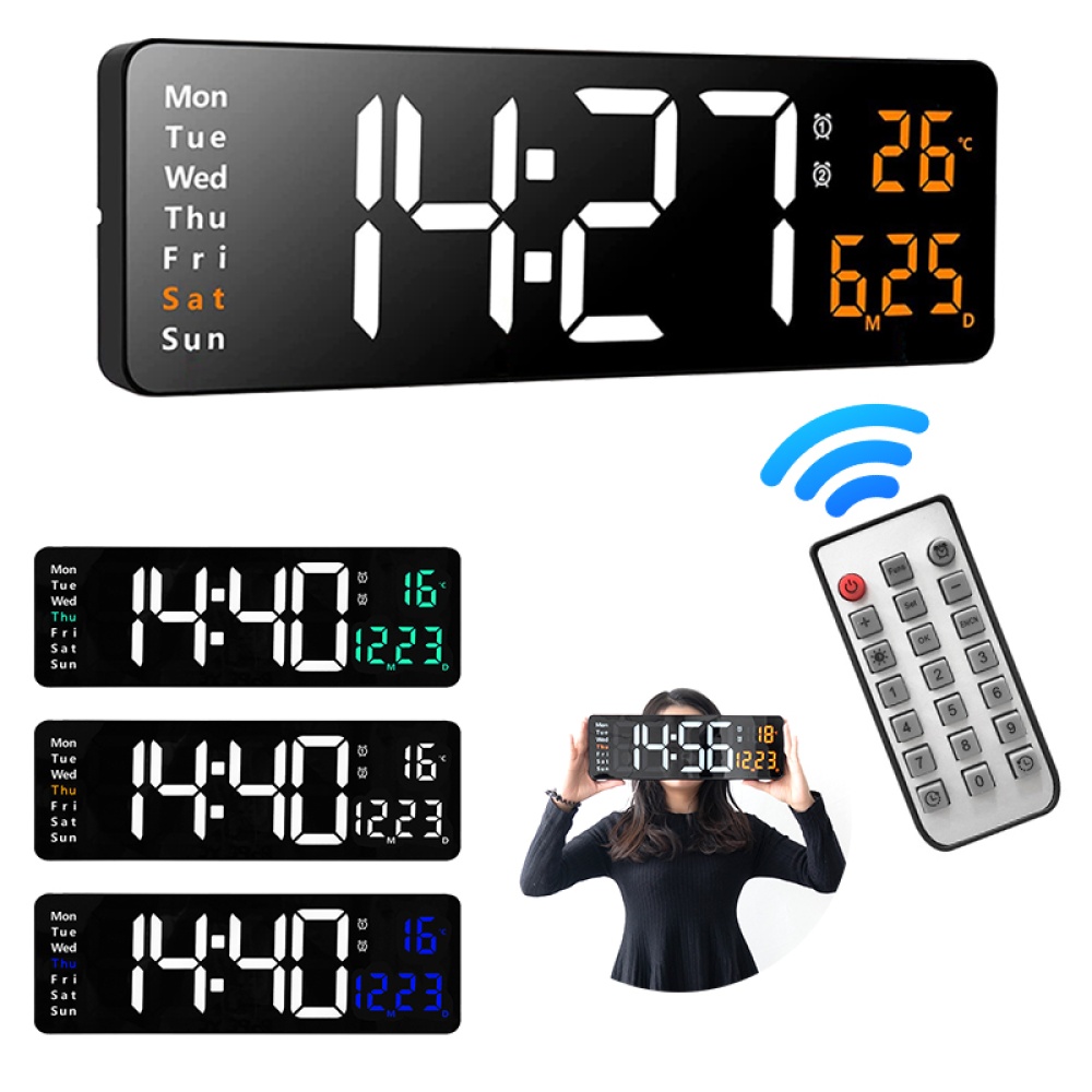 Led Digital Wall Clock with Remote Control 16 Inch Adjustable Brightness Alarm white words - Image 2