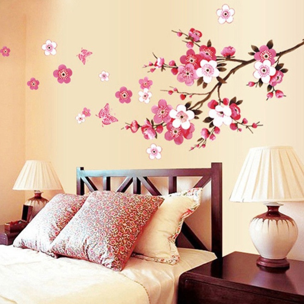 Removable Pink Color Butterflies Peach Blossom Pattern Wall Sticker for Living Room Bedroom AY6008