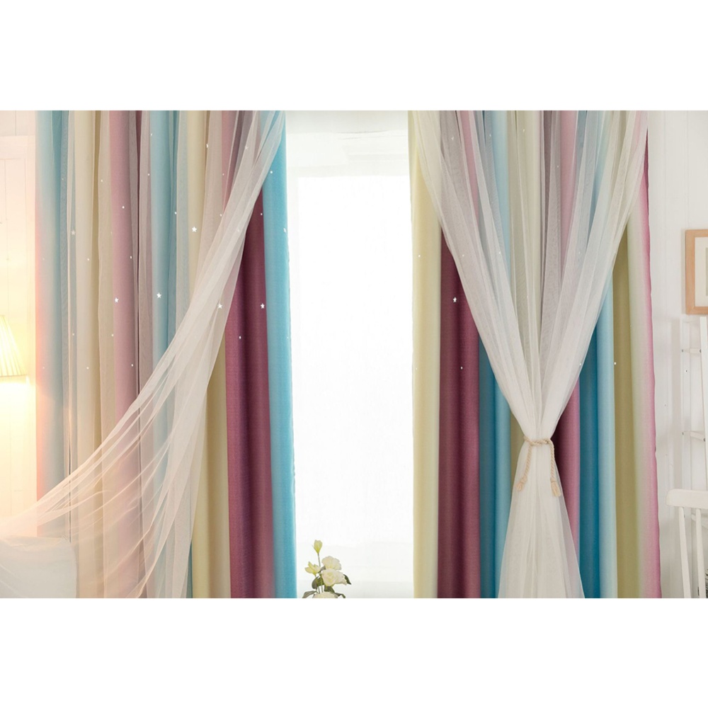 Color Gradient Double Layer Hollow-out Star Shading Curtain with Tulle 6 red yellow blue_W 100cm * H 200cm