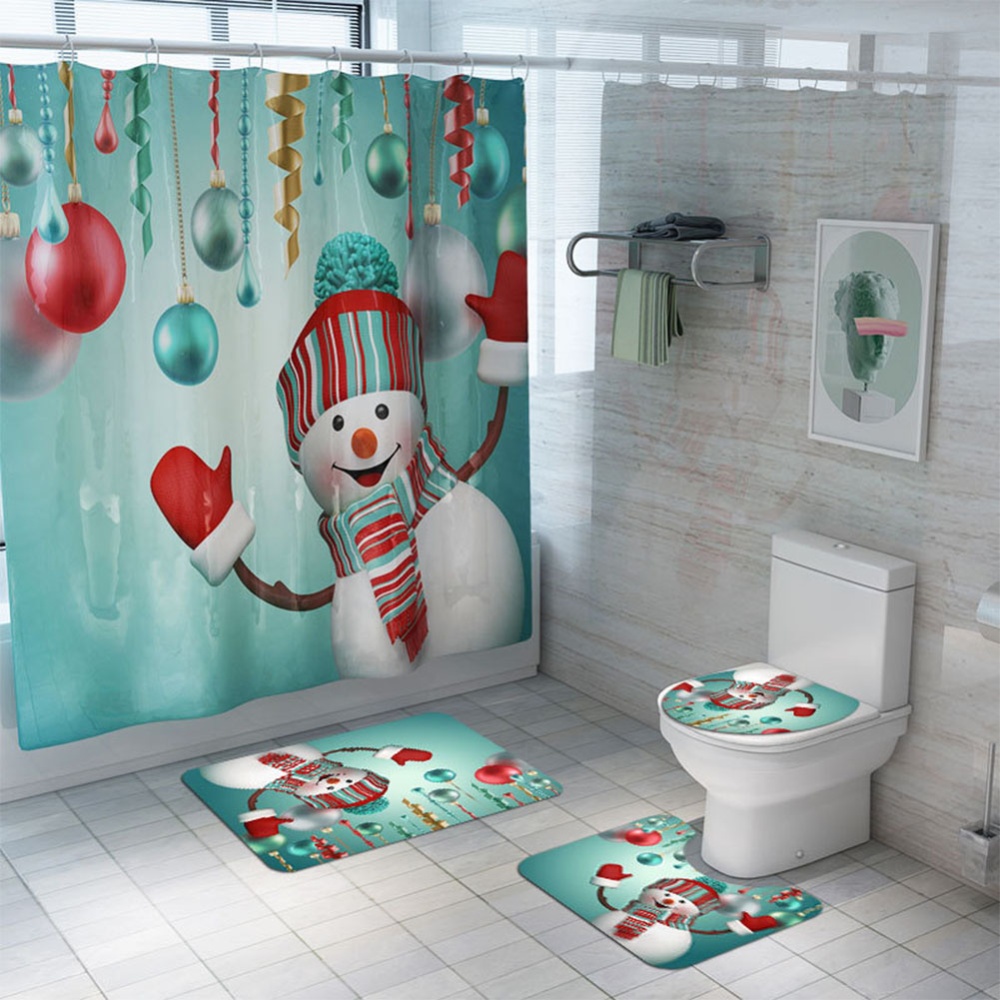 Santa Claus/Christmas Snowman/Christmas Tree Pattern Printing Shower Curtain + Floor Mat +Toilet Seat Cover+ Foot Pad Set Y146_As shown - Image 2