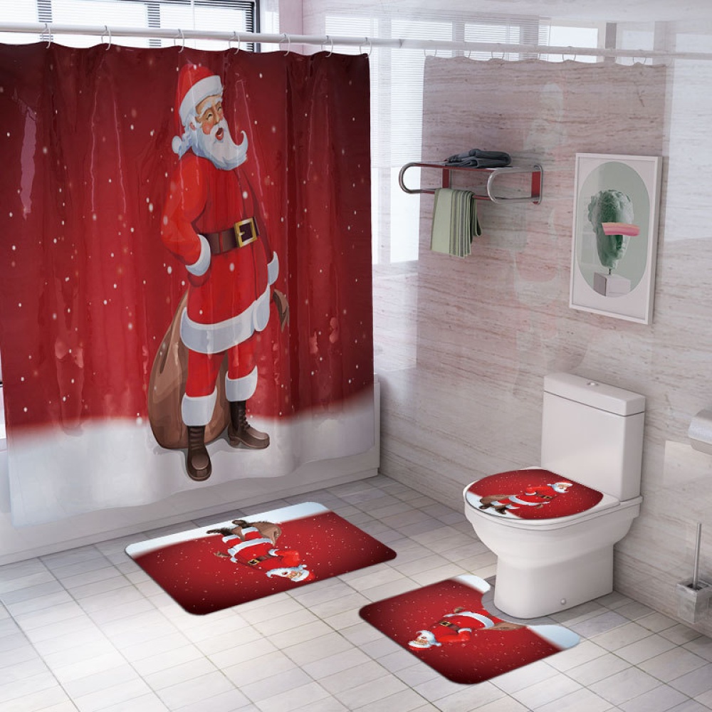 Santa Claus/Christmas Snowman/Christmas Tree Pattern Printing Shower Curtain + Floor Mat +Toilet Seat Cover+ Foot Pad Set Y146_As shown - Image 3