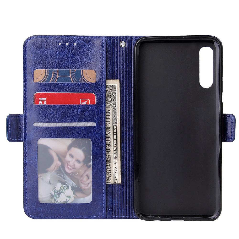 For Samsung A50 Solid Color PU Leather Zipper Wallet Double Buckle Protective Case with Stand & Lanyard blue - Image 2