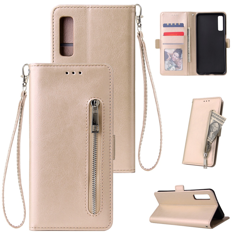 For Samsung A7 2018-A750 Solid Color PU Leather Zipper Wallet Double Buckle Protective Case with Stand & Lanyard gold - Image 2