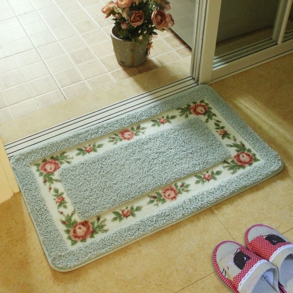 Pastoral Style Rose Pattern Non Slip Water Absorption Rectangle Carpet Floor Mat - Image 3