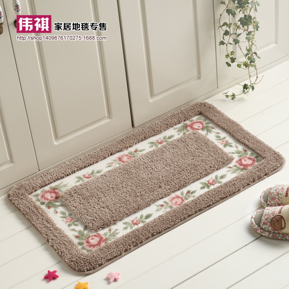 Pastoral Style Rose Pattern Non Slip Water Absorption Rectangle Carpet Floor Mat - Image 2