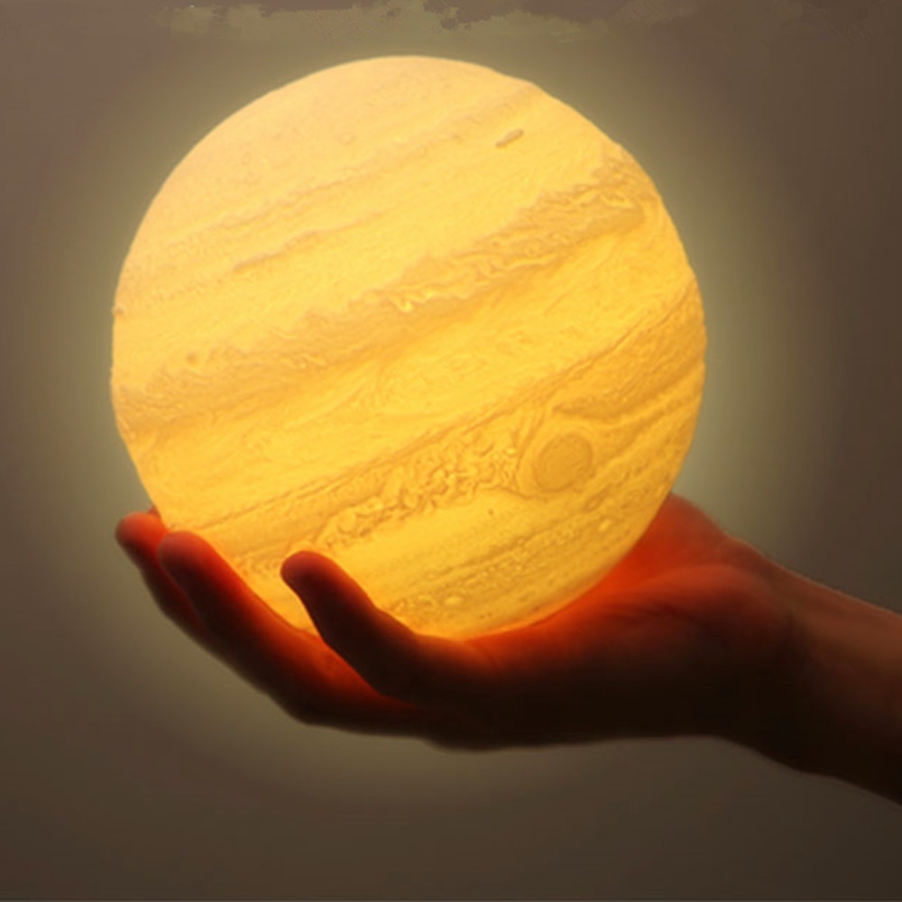 LED 3D Print Jupiter Shape Night Light with 2 Colors Change Touch Control(White + Yellow Light) 13CM_Solid wood bracket