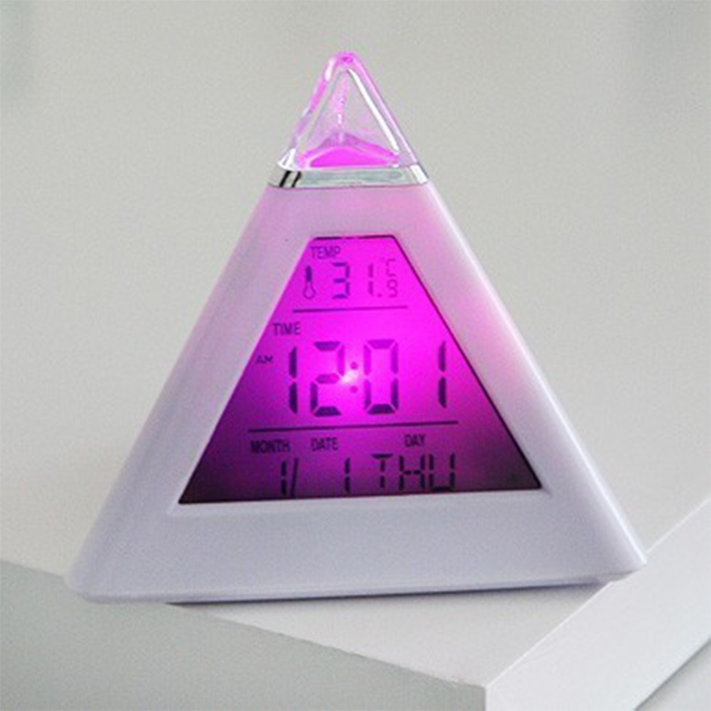 Pretty Color-changing LED Pyramid Alarm Clock with Snooze Function Temperature Calendar Decoration Gift colorful