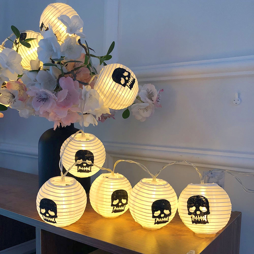 10LED Halloween Paper Lantern Glowing Flexible Handheld Skull Ghost Festival Scene Arrangement Decorative Light String Warm White - Image 3