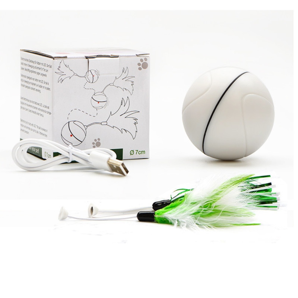 USB Charging Feather Rolling Ball Electric LED Flashing Cat Interactive Toy white_L - Image 2