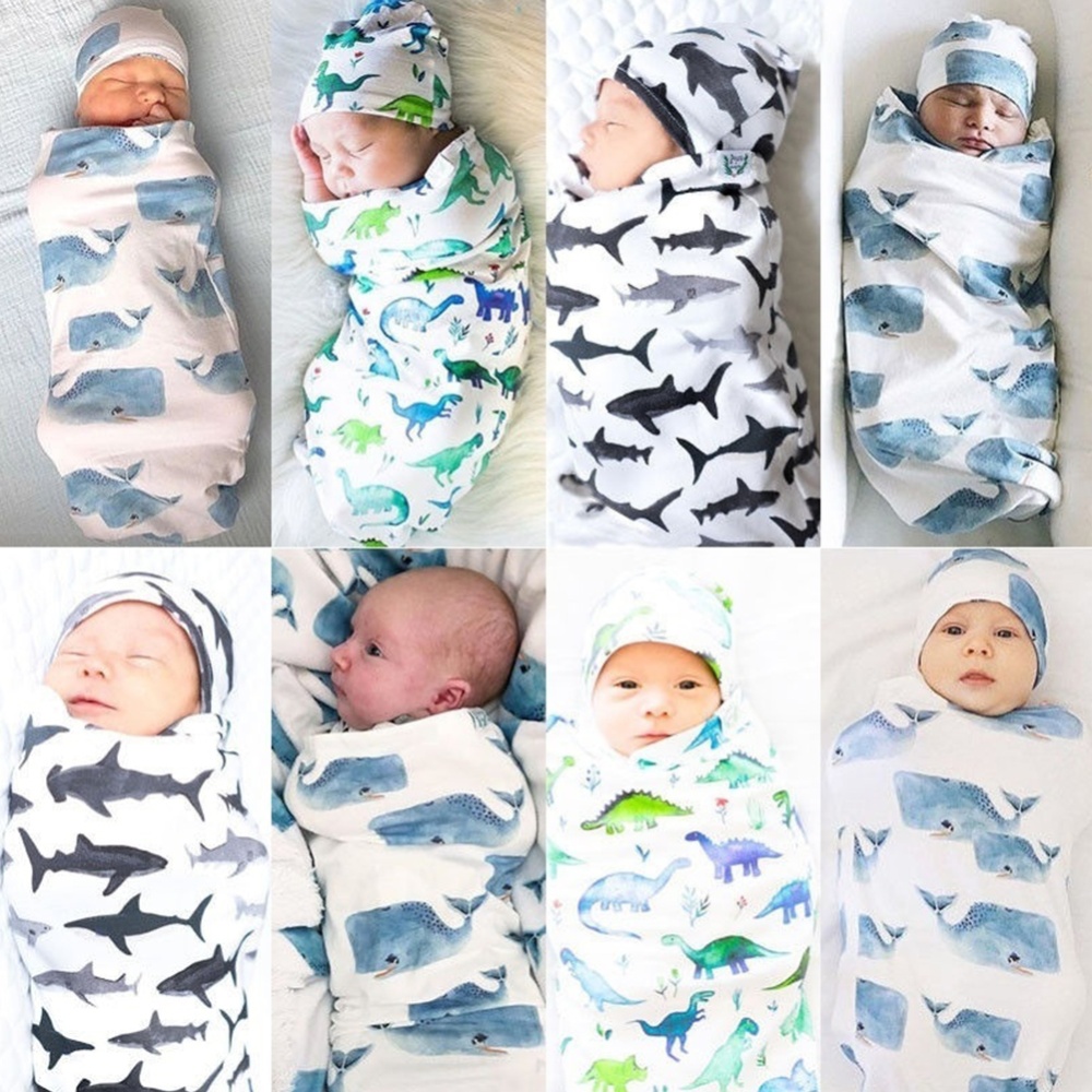 2pcs/set Soft Cotton Baby Swaddled Muslim Blanket + Matching Hat dinosaur - Image 3