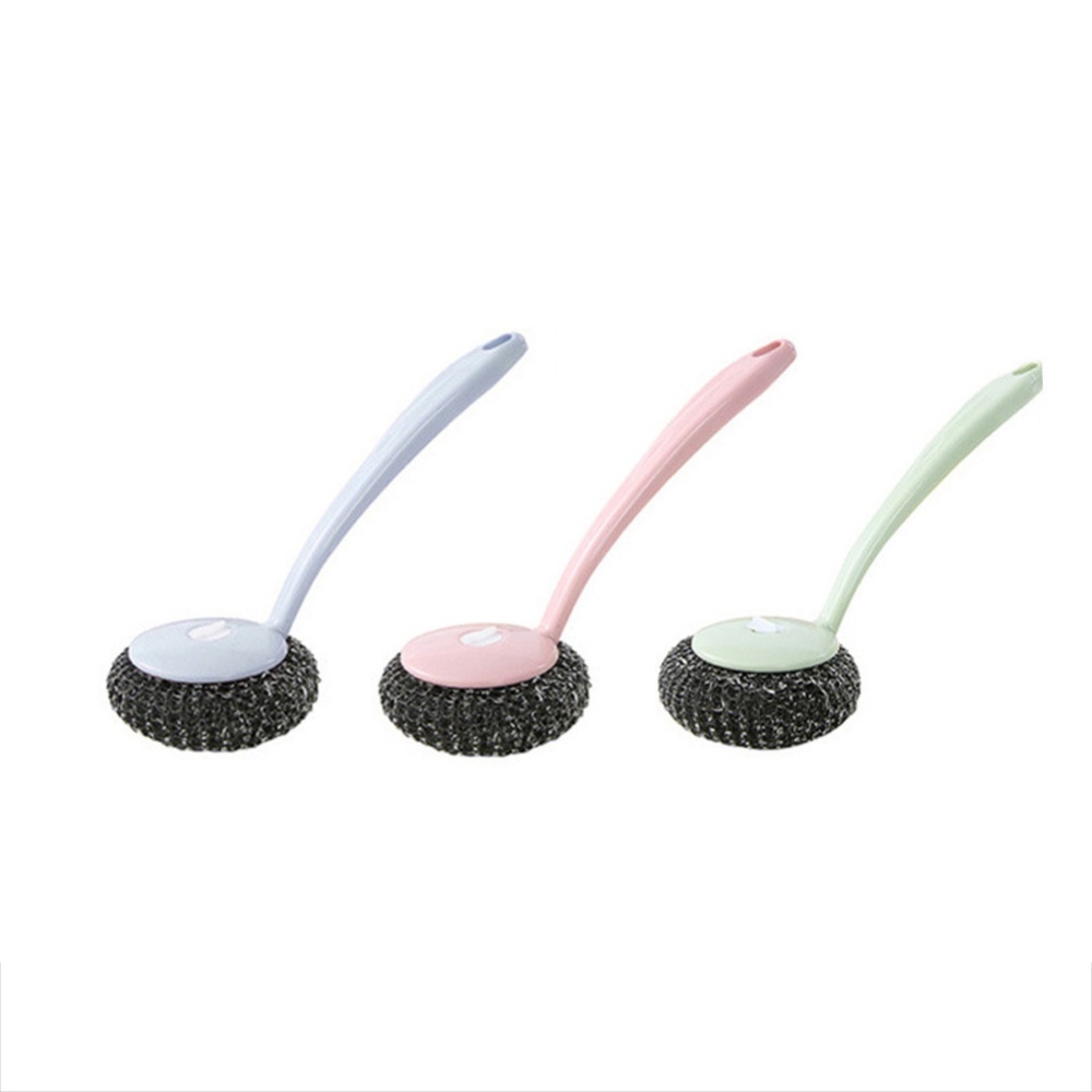 Handheld Cleaning Brush Long-handled Washing Dishes Ball for Kitchen Pot 3pcs steel wire ball pot brushes (powder 1 green blue 1)