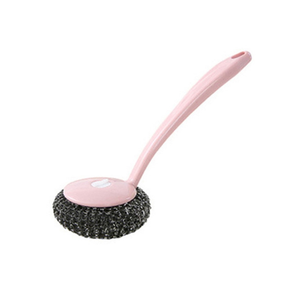 Handheld Cleaning Brush Long-handled Washing Dishes Ball for Kitchen Pot 1pc wire ball pot brush (pink)
