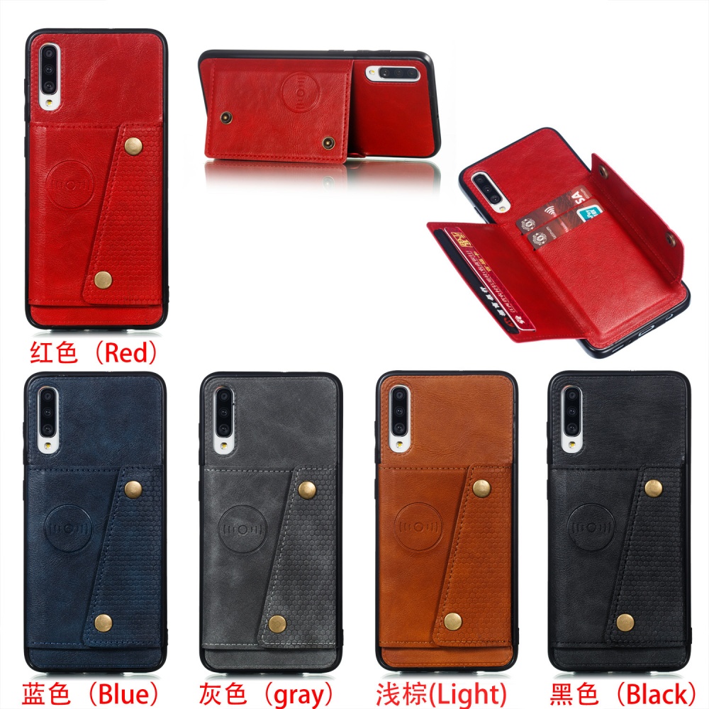 For Samsung A70 Double Buckle Non-slip Shockproof Cell Phone Case with Card Slot Bracket red - Image 2