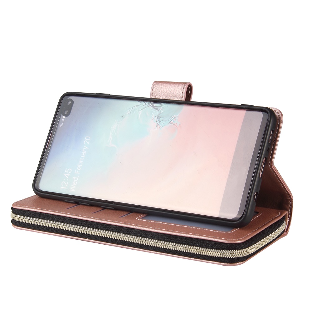 For Samsung S10/S20/S10E/ S10 Plus Pu Leather Mobile Phone Cover Zipper Card Bag + Wrist Strap Rose gold - Image 2