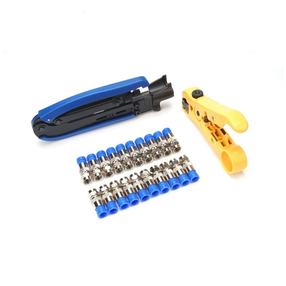 Multitool Wire Stripping Squeezing Pliers Coaxial Cable Cold Press Clamp RG59 RG6 TV Crimping Tool Set with 20 F Heads 1KT-58 (boxed yellow) - Image 3