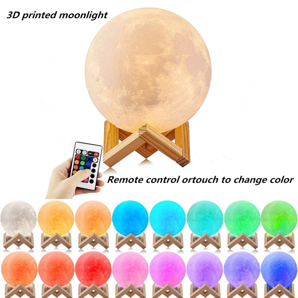 LED 16 Colors 3D Printing Warm Moon Lamp with Remote Control Touch Light for Decaration