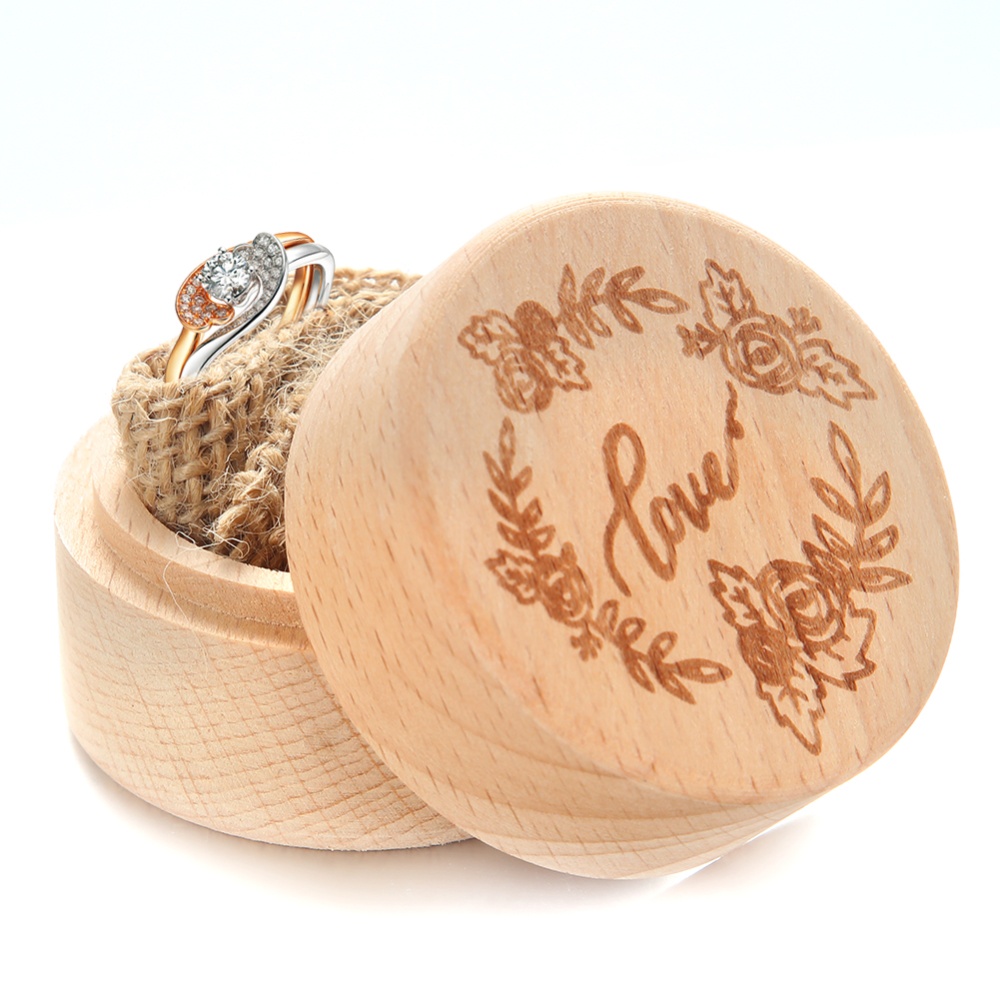 Exquisite Wooden Round Shape Lettering Ring Box for Wedding Prop