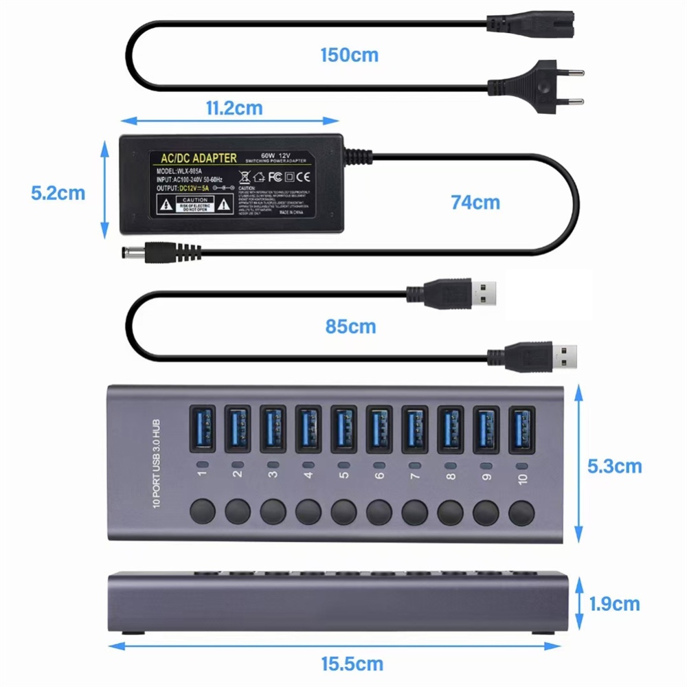 Usb 3.0 Hub 10-port Docking Station with Independent Switch Splitter for Pc Laptop Accessories EU Plug - Image 2