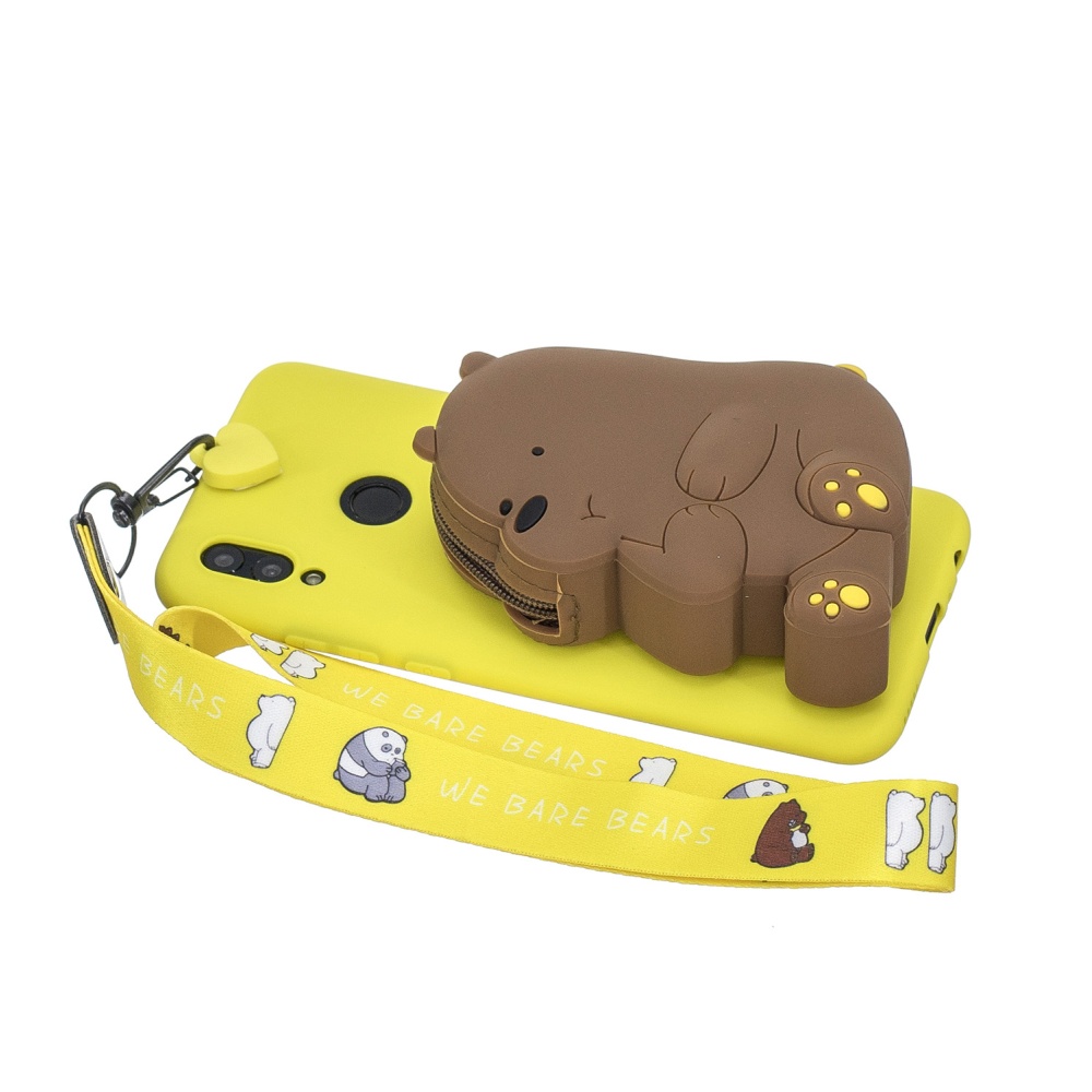 For HUAWEI Y6 2019 Y7 Y9 Cartoon Full Protective TPU Mobile Phone Cover with Mini Coin Purse+Cartoon Hanging Lanyard 1 yellow brown bear - Image 2