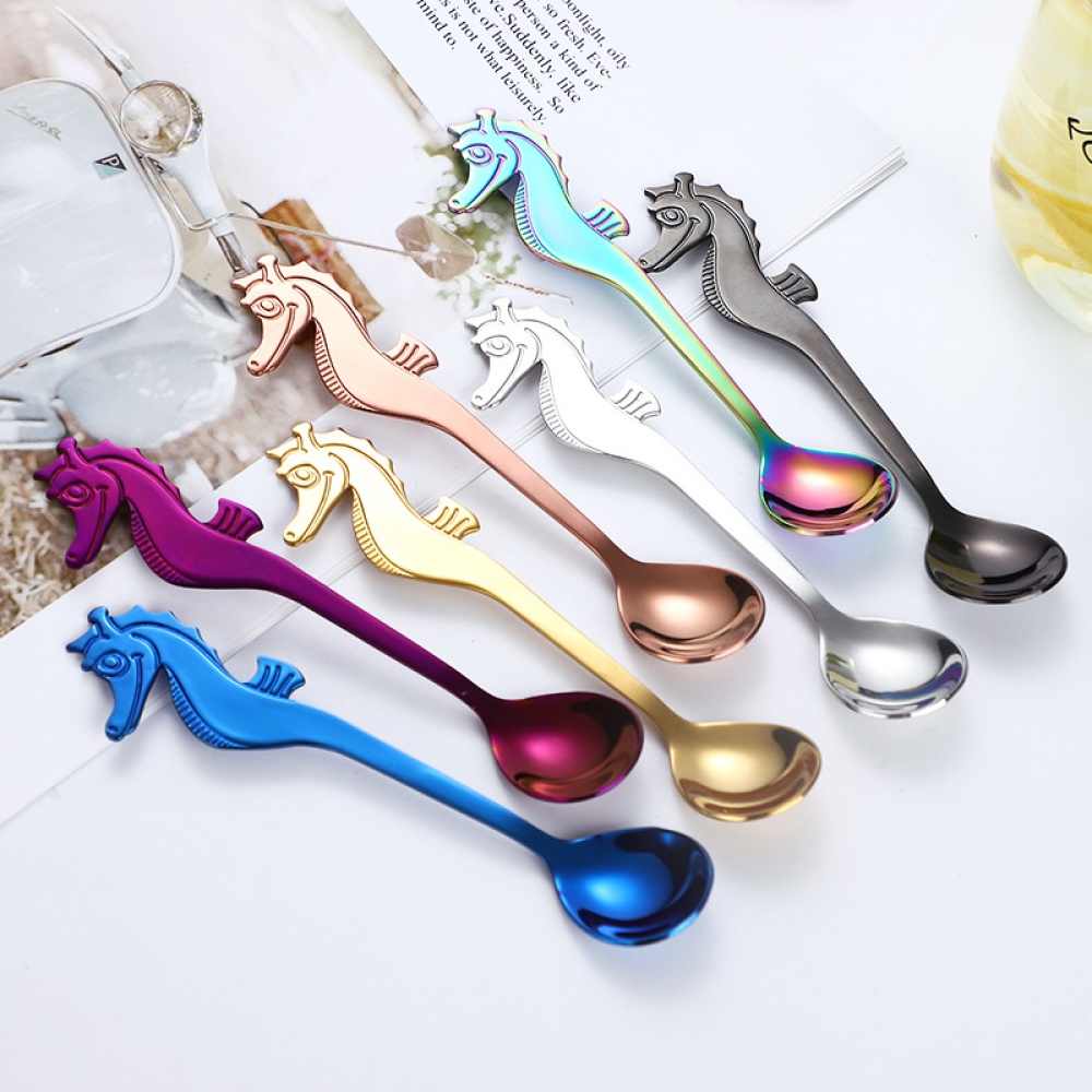 304 Stainless Steel Creative Hippocampus Shape Coffee Spoon Hangable Stirring Titanium Plating Multicolor Optional Colored hippocampus shape - Image 3