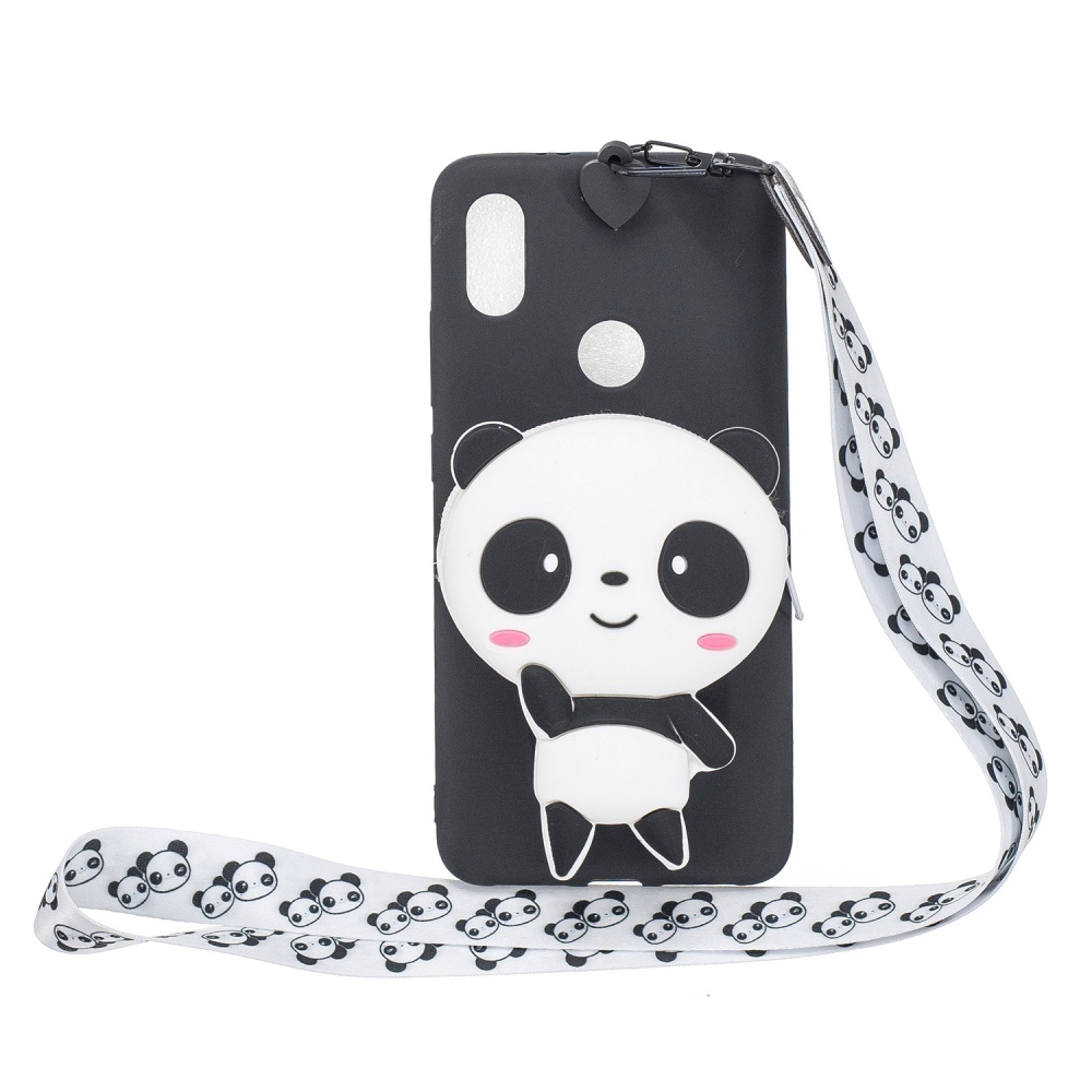 For HUAWEI Y6 2019 Y7 Y9 Cartoon Full Protective TPU Mobile Phone Cover with Mini Coin Purse+Cartoon Hanging Lanyard 4 black pandas - Image 2