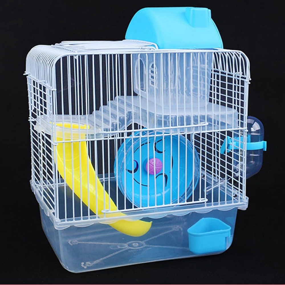 Double Layer Villa Shape Iron Wire Cage with Feeding Bowl Running Wheel Slide Toy for Pet Hamster Pink_23*17*28cm - Image 3