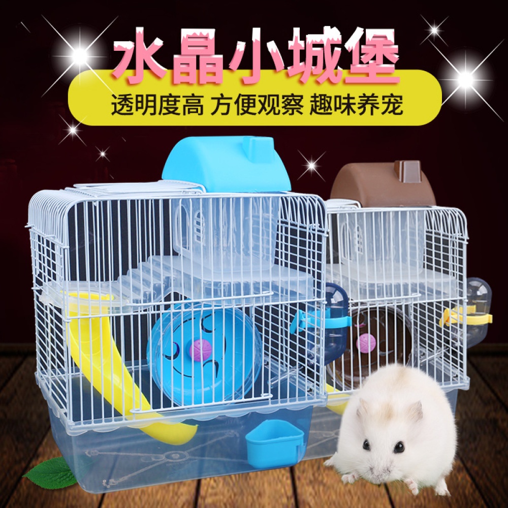 Double Layer Villa Shape Iron Wire Cage with Feeding Bowl Running Wheel Slide Toy for Pet Hamster Pink_23*17*28cm - Image 2