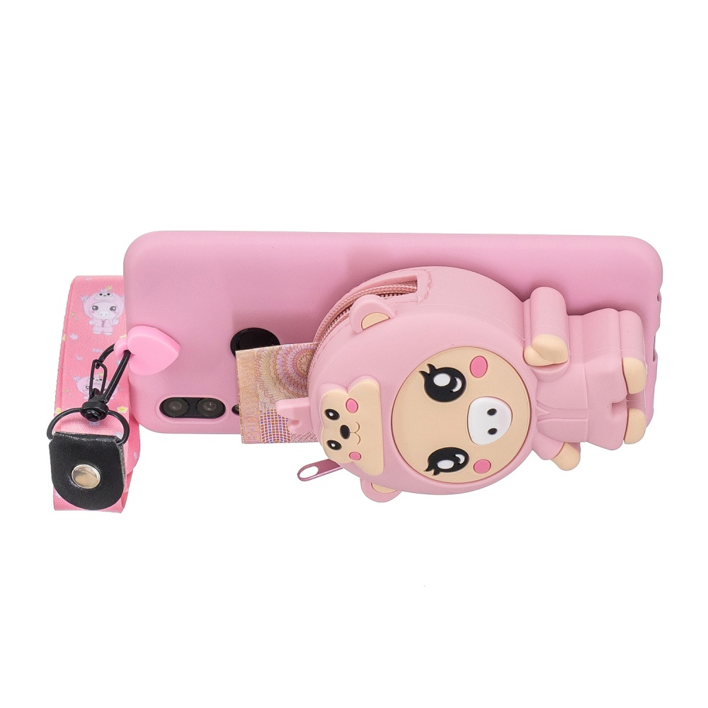 For HUAWEI Y6 2019 Y7 Y9 Cartoon Full Protective TPU Mobile Phone Cover with Mini Coin Purse+Cartoon Hanging Lanyard 3 deep pink piglets - Image 2