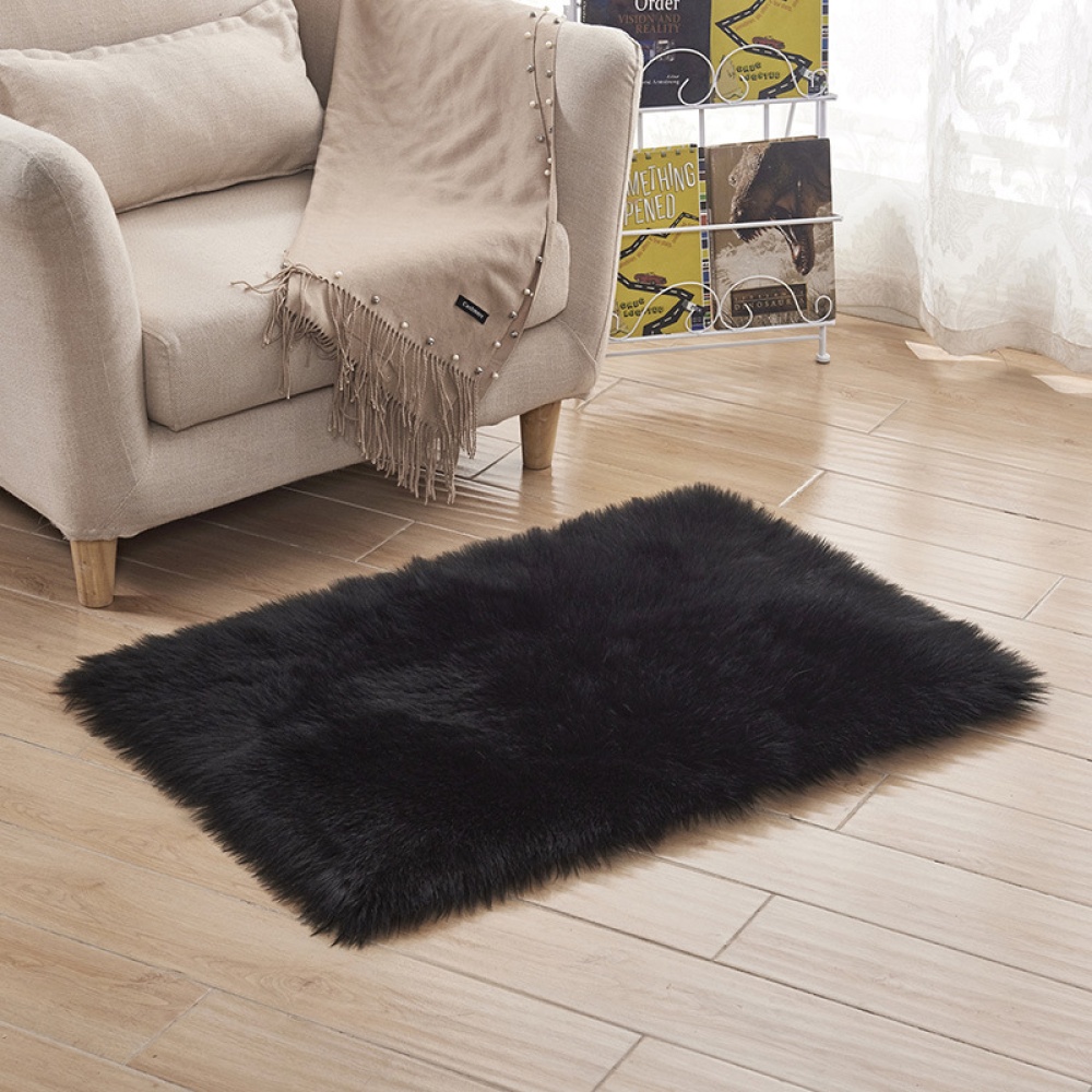 40X40CM Washable Faux Sheepskin Chair Cover Warm Hairy Wool Carpet Seat Pad Fluffy Area Rug black - Image 3