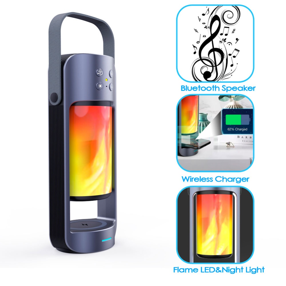 Bluetooth Speaker Flame Light Wireless Charger Outdoor Emergency with Power Bank Function gray - Image 2